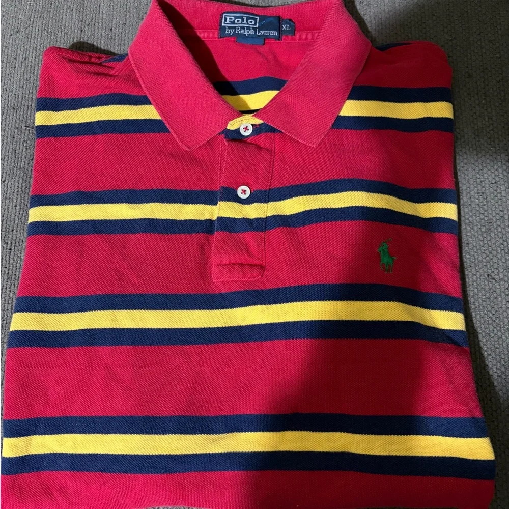 Ralph Lauren Red Polo with Yellow and Navy Stripes - Picture 1 of 5